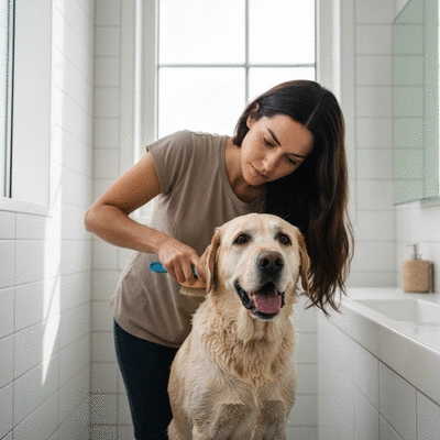 Dog owner gently bathing their dog in a well-lit bathroom