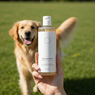 Hand holding a dog shampoo bottle with a blurred dog in the background, natural light, clean image