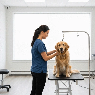 Professional dog groomer using a high-velocity dog dryer on a golden retriever, clean background, no text, no words