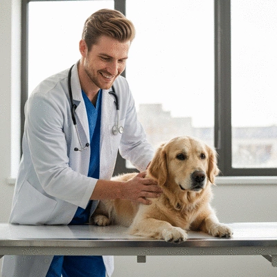 Veterinarian examining a dog's skin during a check-up