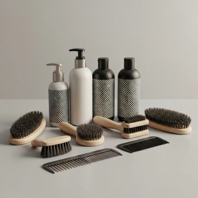 Assortment of dog grooming tools on a clean background