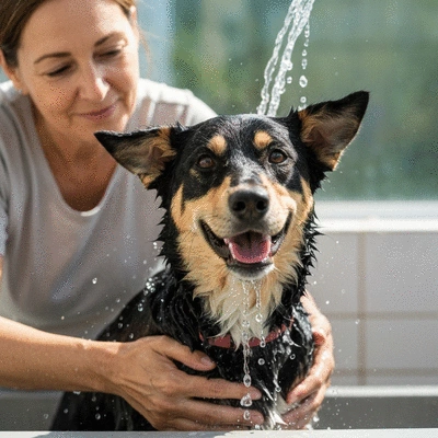 Happy dog being bathed by owner, clean, calm environment