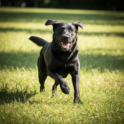 Happy healthy dog with shiny coat playing outdoors