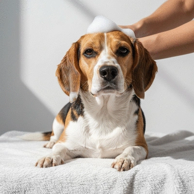 Dog being gently bathed with sensitive skin shampoo