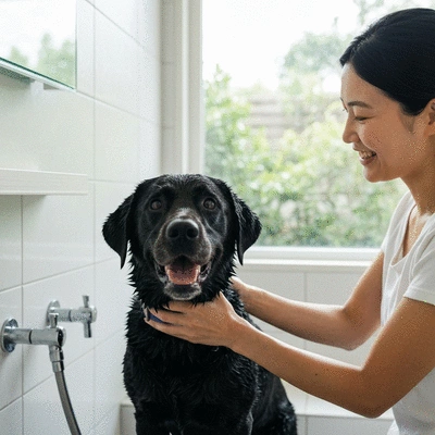Happy dog being bathed by owner, clean, calm environment