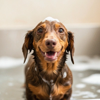 Happy dog being bathed with shampoo, natural light, clean image