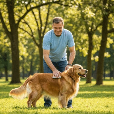 Owner gently brushing a Golden Retriever's long coat on a sunny day