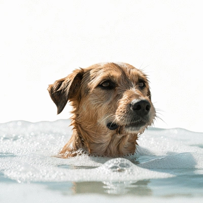 Happy dog enjoying a relaxing bath with gentle bubbles