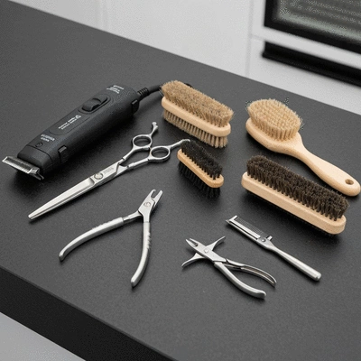 Assortment of high-quality dog grooming tools laid out neatly