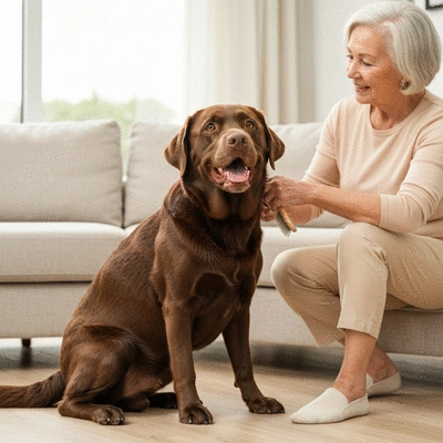 A happy dog being gently brushed by an owner, showing a strong bond and healthy coat, no text, no words, no typography, no labels, clean image