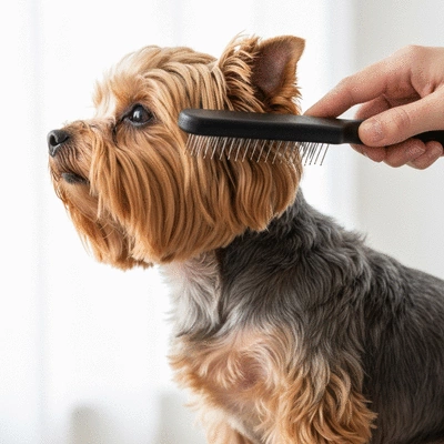 Close-up of a curly-coated dog being gently brushed with a slicker brush, showing healthy, well-maintained curls, clean image