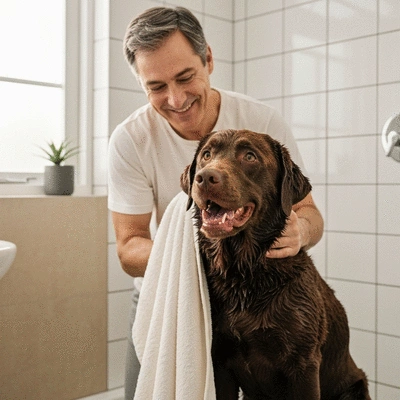 Owner drying a wet dog with a super absorbent magic towel after a bath