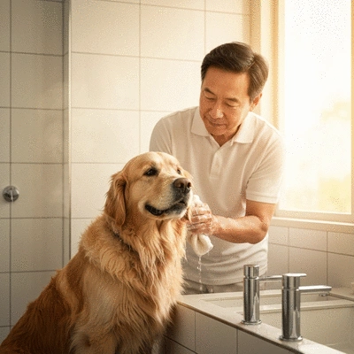 Owner gently washing a dog in a bathtub, calm and happy expression