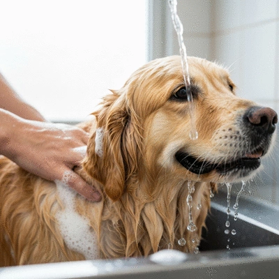 Dog being gently bathed with lukewarm water and mild shampoo, close up on fur and water, clean image