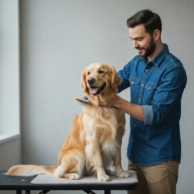 Groomer using a pin brush on a happy golden retriever
