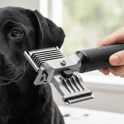 Close-up of a dog grooming clipper with ceramic blades, in action, no text, no words, no typography, 8K, natural lighting