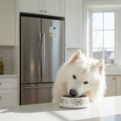Dog eating a bowl of healthy food rich in omega fatty acids, clean photo