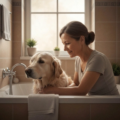 Dog owner tenderly washing their dog in a bathtub