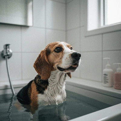Happy dog being bathed in lukewarm water