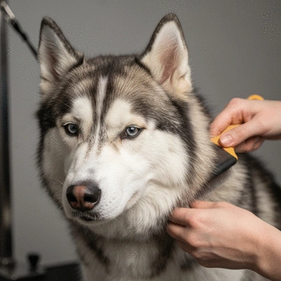 Close-up of a double-coated dog being gently brushed, showing the topcoat and undercoat clearly