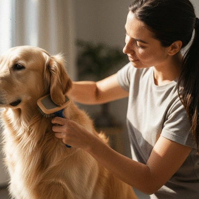 Person gently brushing a dog's coat with a grooming brush, showing a healthy, shiny coat