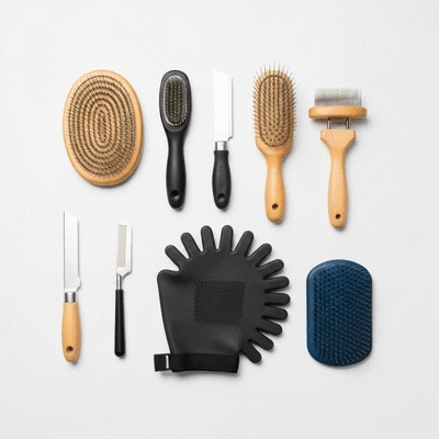 Various dog grooming tools neatly arranged on a clean background: slicker brush, pin brush, rubber mitt, and stripping knife
