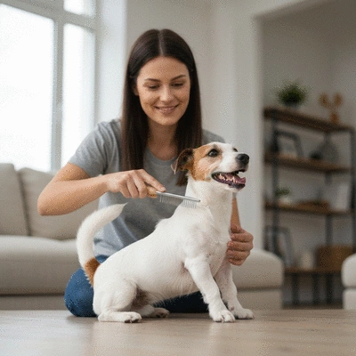 Happy dog being gently groomed by owner, showing positive reinforcement, no text, no words, no typography, 8K, natural lighting