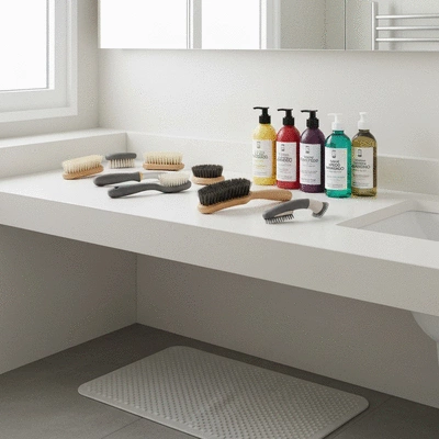 Assortment of dog bathing tools laid out in a clean bathroom, including brushes, shampoo, and a shower mat