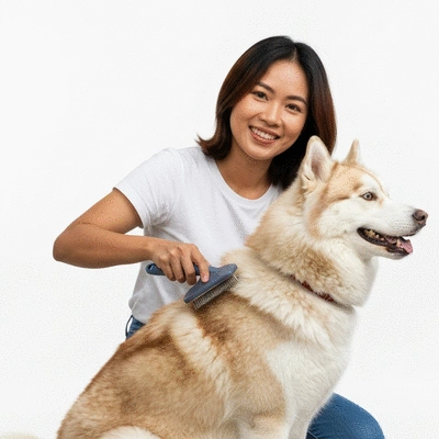 Person grooming a dog with a double coat using a de-shedding brush