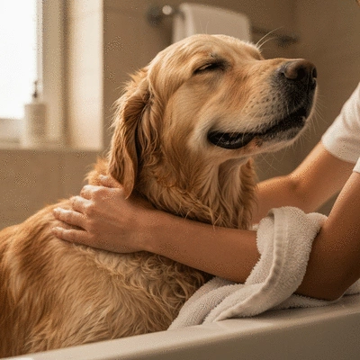 Happy dog being gently dried with a towel after a bath