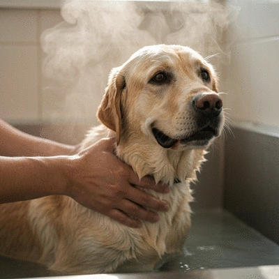 A happy dog being comfortably bathed by an owner, steam rising from warm water