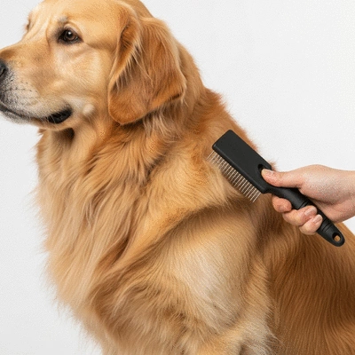 Close-up of a double-coated dog being brushed with an undercoat rake, showing the two distinct layers of fur, clean image