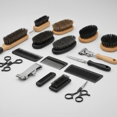 Various professional dog grooming tools neatly laid out on a clean surface, such as brushes, combs, clippers, and scissors, no text, no words, no typography, no labels, clean image